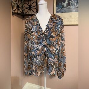 Tamara H 2X Blouse Blue and Brown feminine ruffles flirty